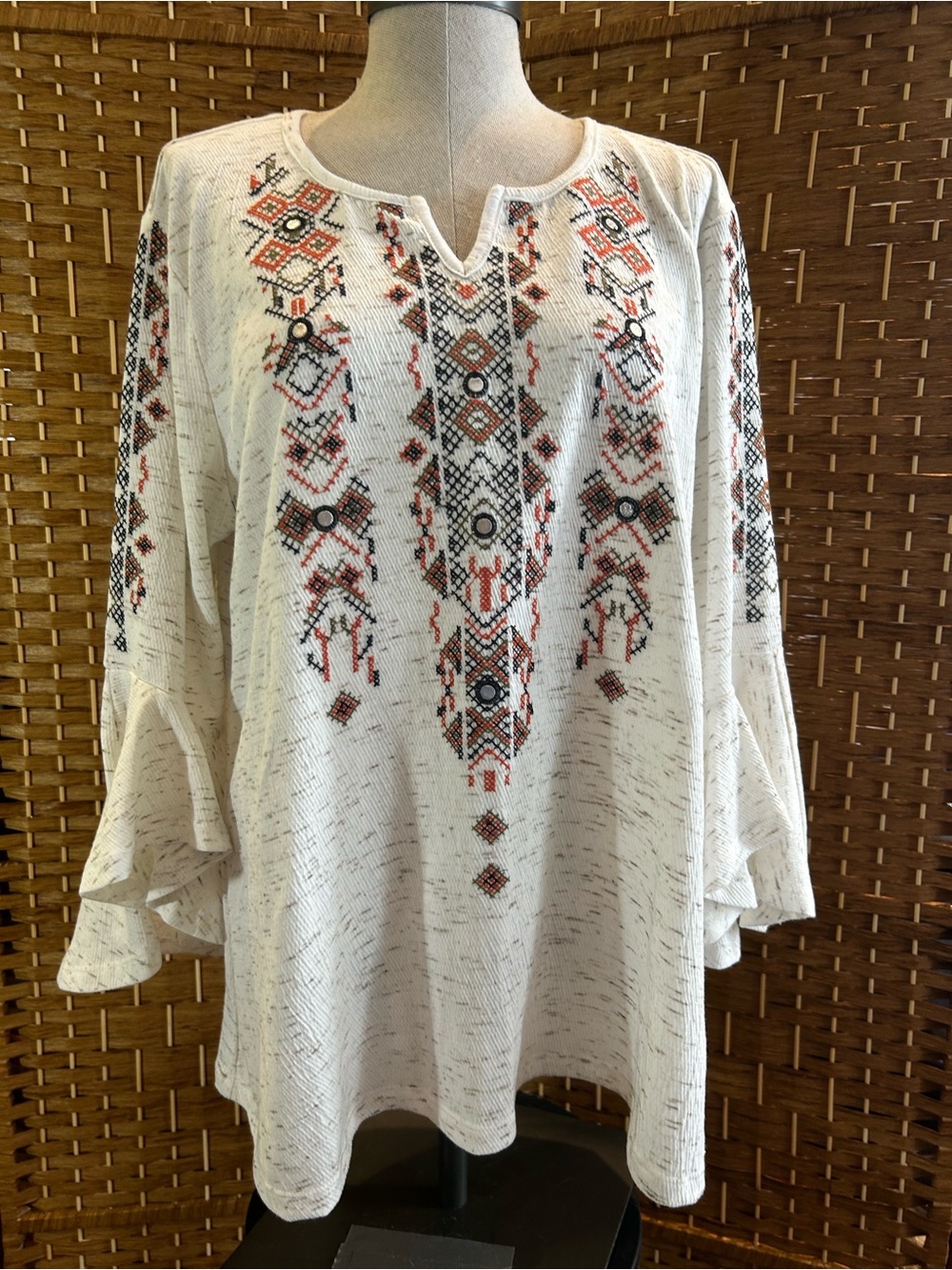 Embroidered Boho Peasant Top XL Cream Bell Sleeve Southwestern Festival